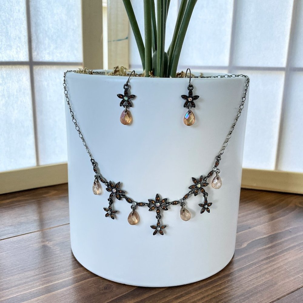 Vintage brass flower necklace and earrings set